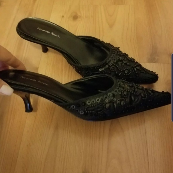 Shoes - Black Beaded Mule Vintage Slip On Heel